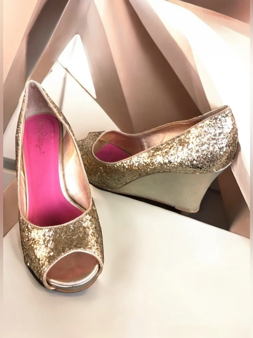 Lilly Pulitzer Gold Pumps Glitter Wedges